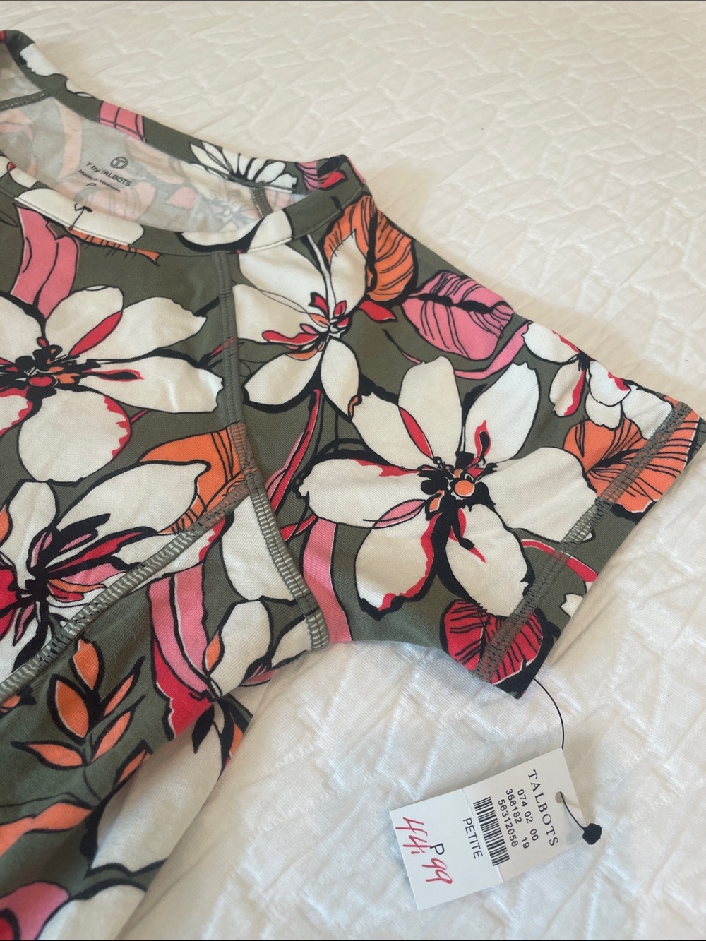 T by Talbots Olive Floral Short Sleeve Tee with Pink, Orange & White Blooms - Picture 2 of 7